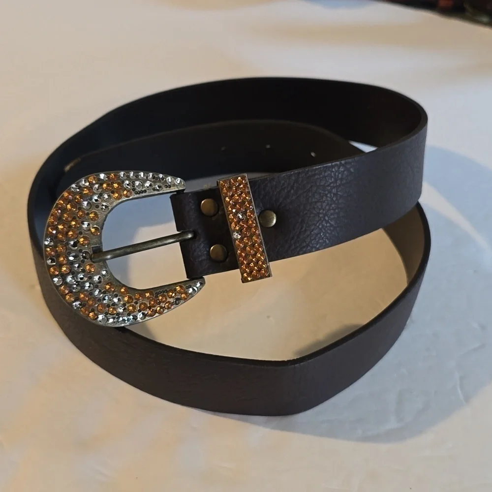 Womens Sparkle Bling Crystals Brown Leather Belt Sz.M/L